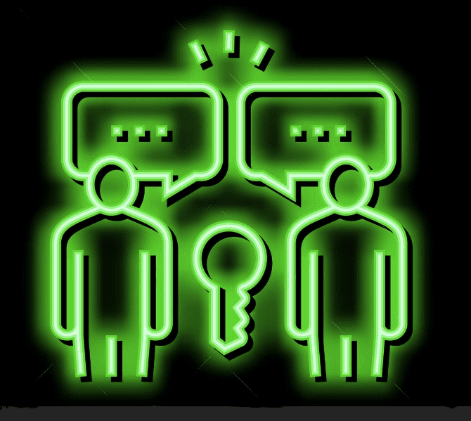 22wmremove-transformed Neon sign with two stylized figures and speech bubbles, highlighted in bright green on a dark background.