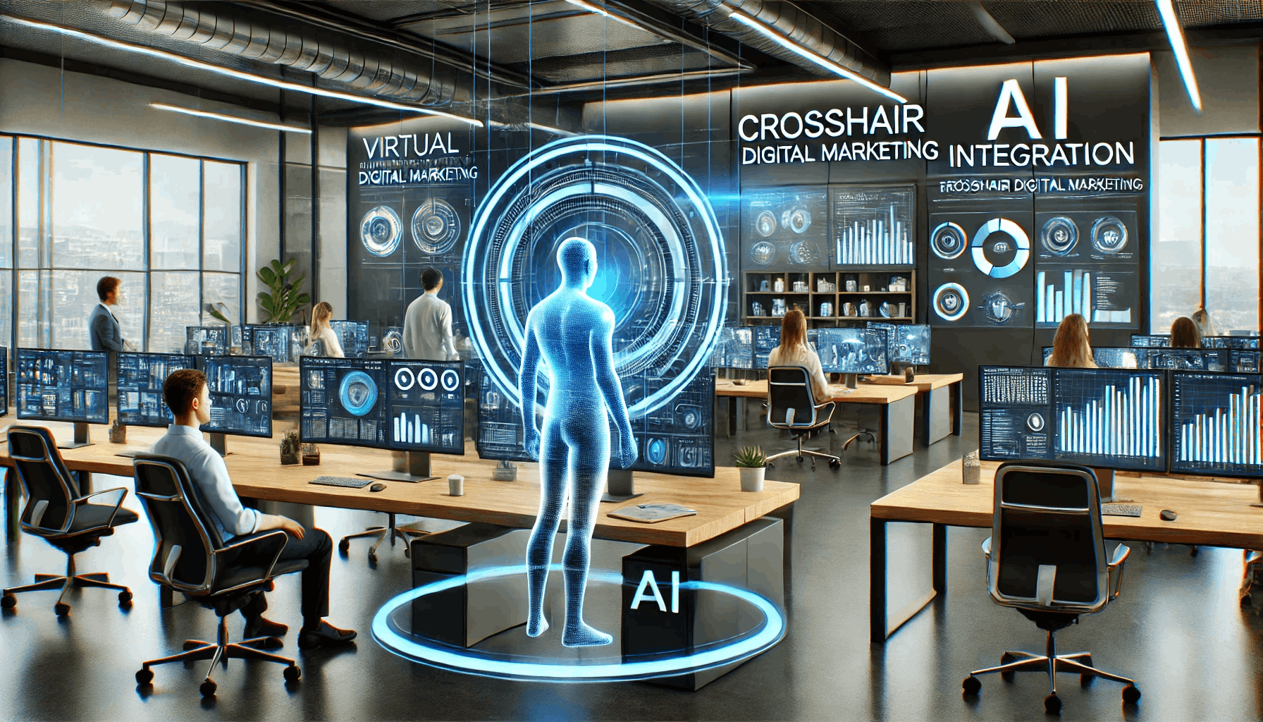 A futuristic business office in Florida showcasing AI integration_ virtual holographic assistants working with human employees, sleek desks with advance