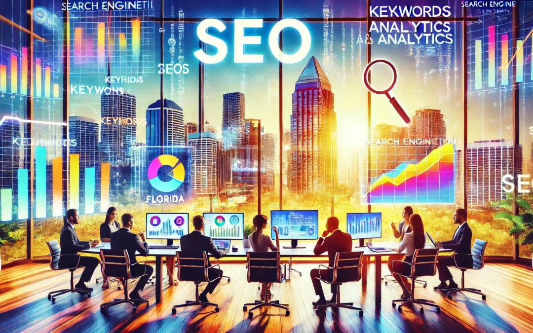 A vibrant scene of a Florida business office emphasizing SEO_ professionals analyzing search engine optimization metrics on multiple screens, charts,