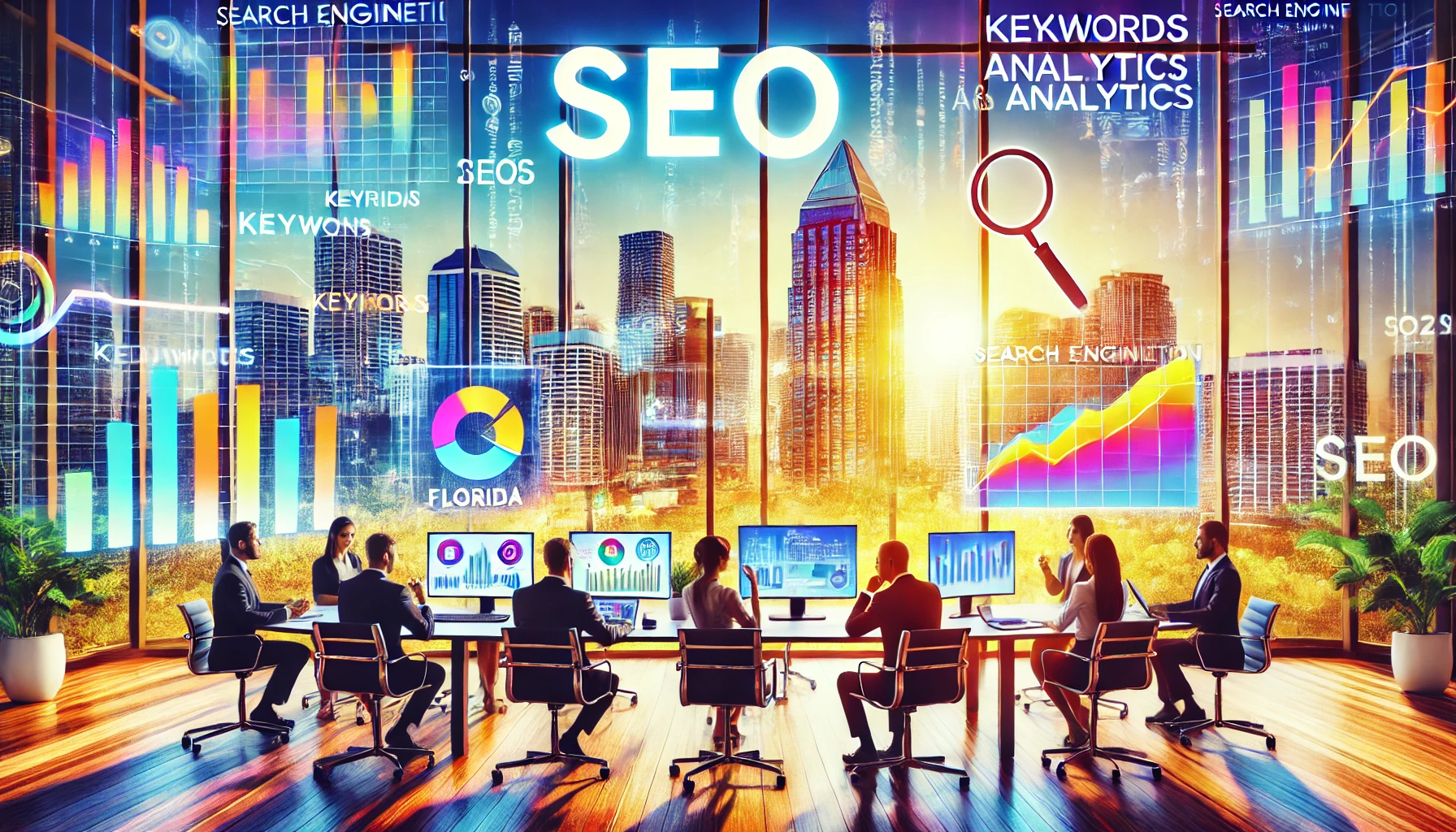 A vibrant scene of a Florida business office emphasizing SEO_ professionals analyzing search engine optimization metrics on multiple screens, charts,